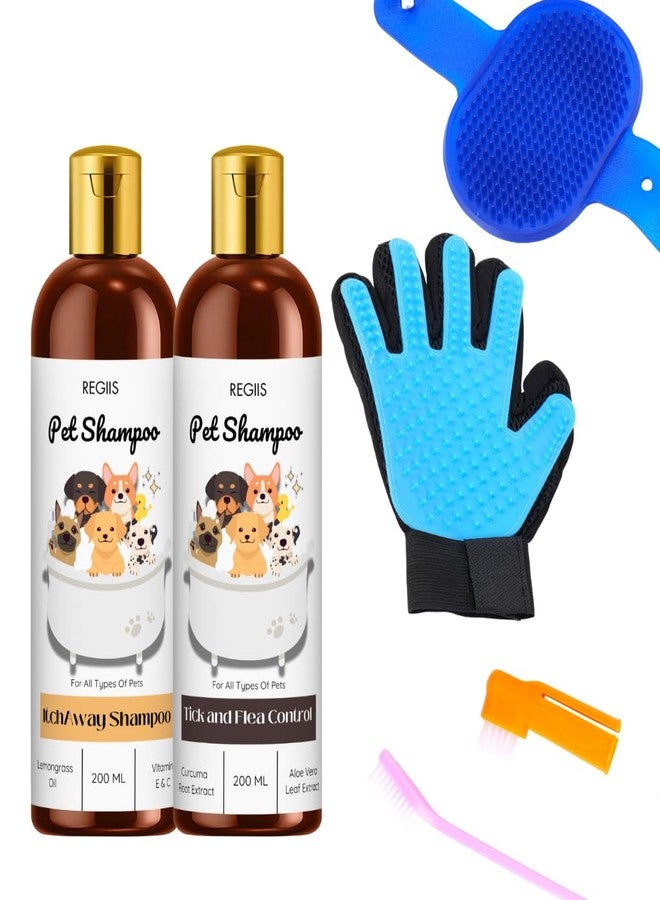 مجموعة ريجيس للعناية بالحيوانات الأليفة مع شامبو لمكافحة القراد والبراغيث، زجاجتان سعة 200 مل، قفاز لإزالة الشعر الزائد، فرشاة للعناية بجميع أنواع الحيوانات الأليفة (عبوة من 5 قطع) - Image 1